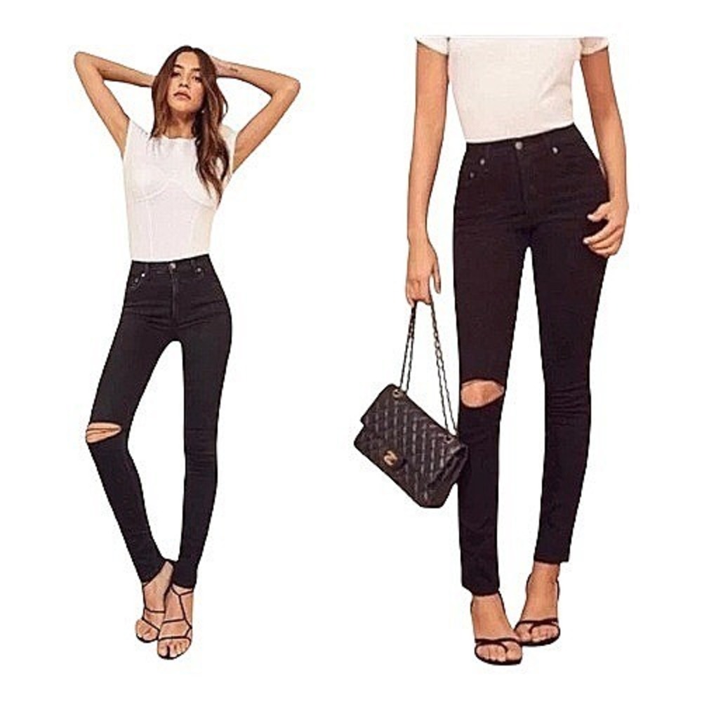 Reformation Serena High Rise‎ Skinny Jeans Pants Black Destroyed Women's Size 24